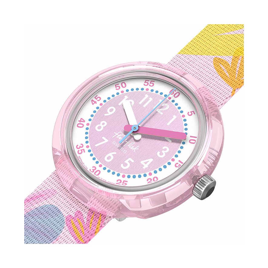 Flik Flak Kinderuhr mit Kunststoffgehäuse, analog, pinkes Zifferblatt.