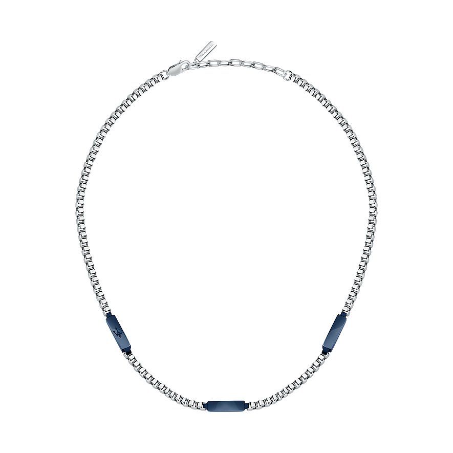 Maserati halsband i rostfritt stål med blåa stavelement. Kedjan har en 