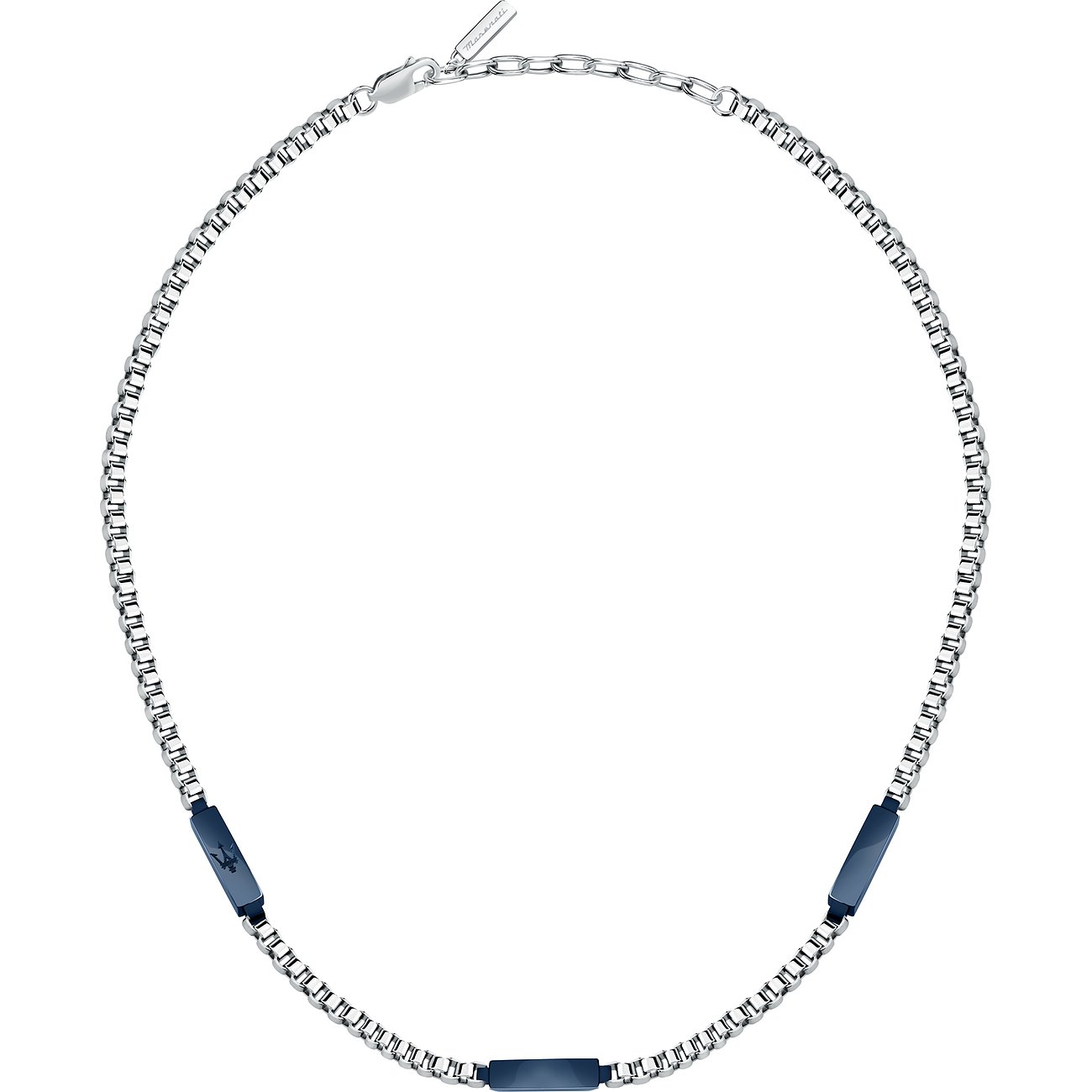 Maserati halsband i rostfritt stål med blåa stavelement. Kedjan har en 