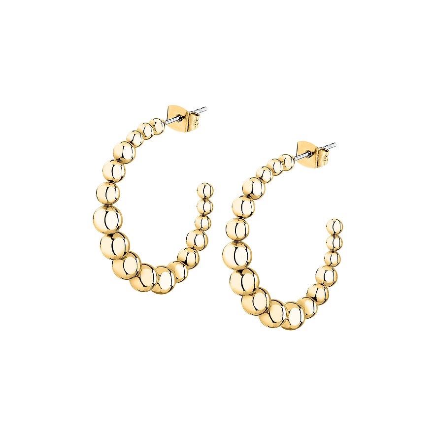 La Petite Story Ohrschmuck aus gelbem Edelstahl, creolenförmig, mit goldenen Kügelchen besetzt.