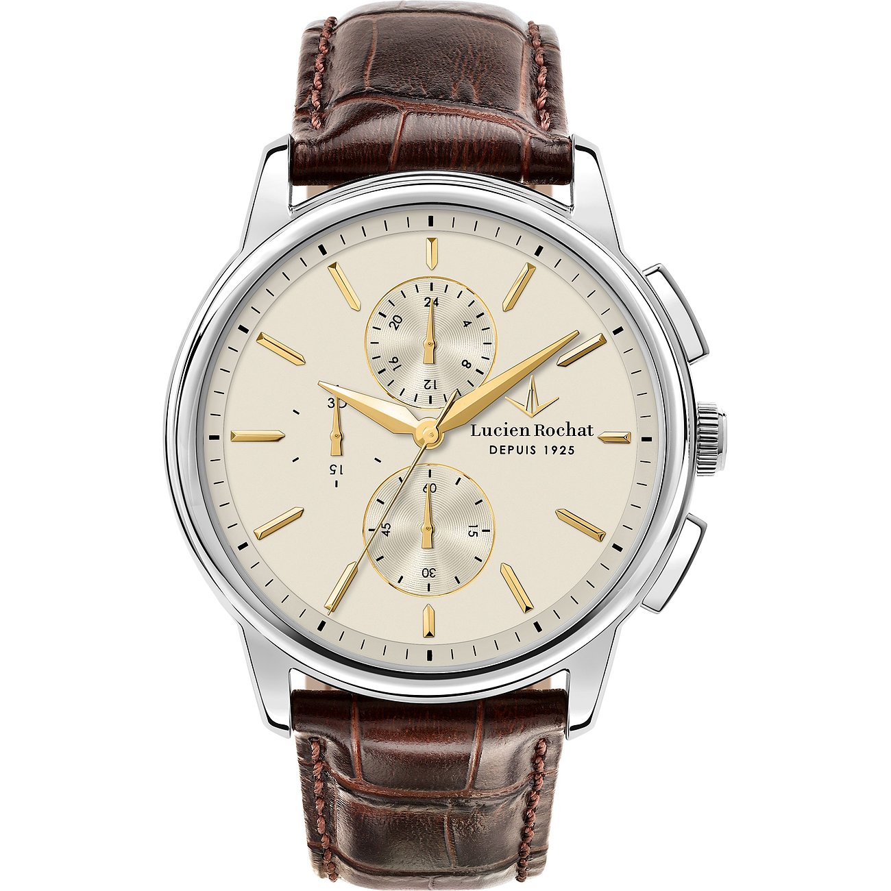Eine Lucien Rochat Herrenuhr aus Edelstahl mit hellem Zifferblatt, drei Hilfszifferblättern und braunem Lederarmband.