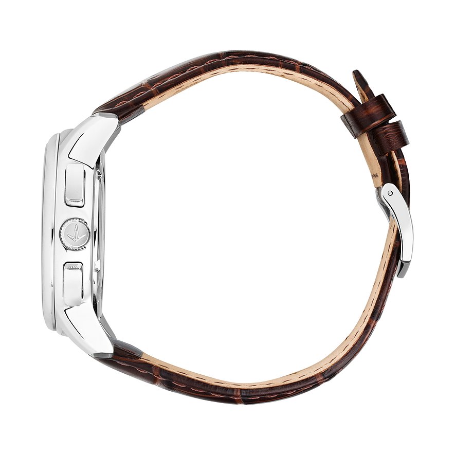 Lucien Rochat Herrenuhr aus Edelstahl, Seitenansicht, braunes Krokodilprägung-Lederarmband, silberne Dornschließe.