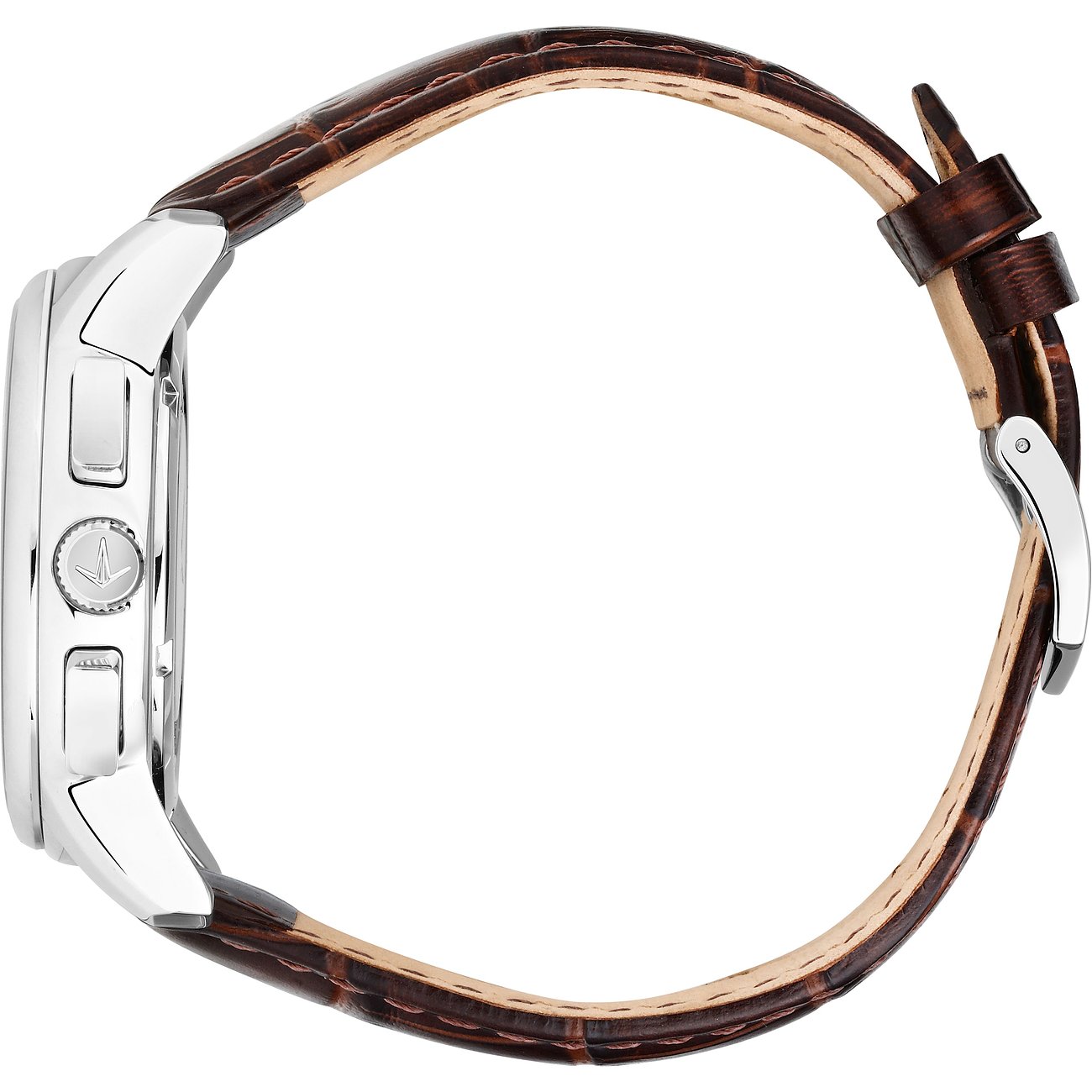 Lucien Rochat Herrenuhr aus Edelstahl, Seitenansicht, braunes Krokodilprägung-Lederarmband, silberne Dornschließe.