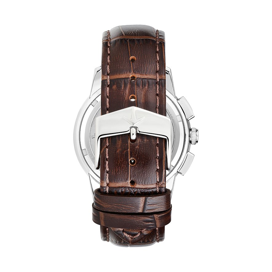 Rückansicht einer Lucien Rochat Herrenuhr aus Edelstahl mit braunem Krokolederarmband und silberfarbener Dornschließe.