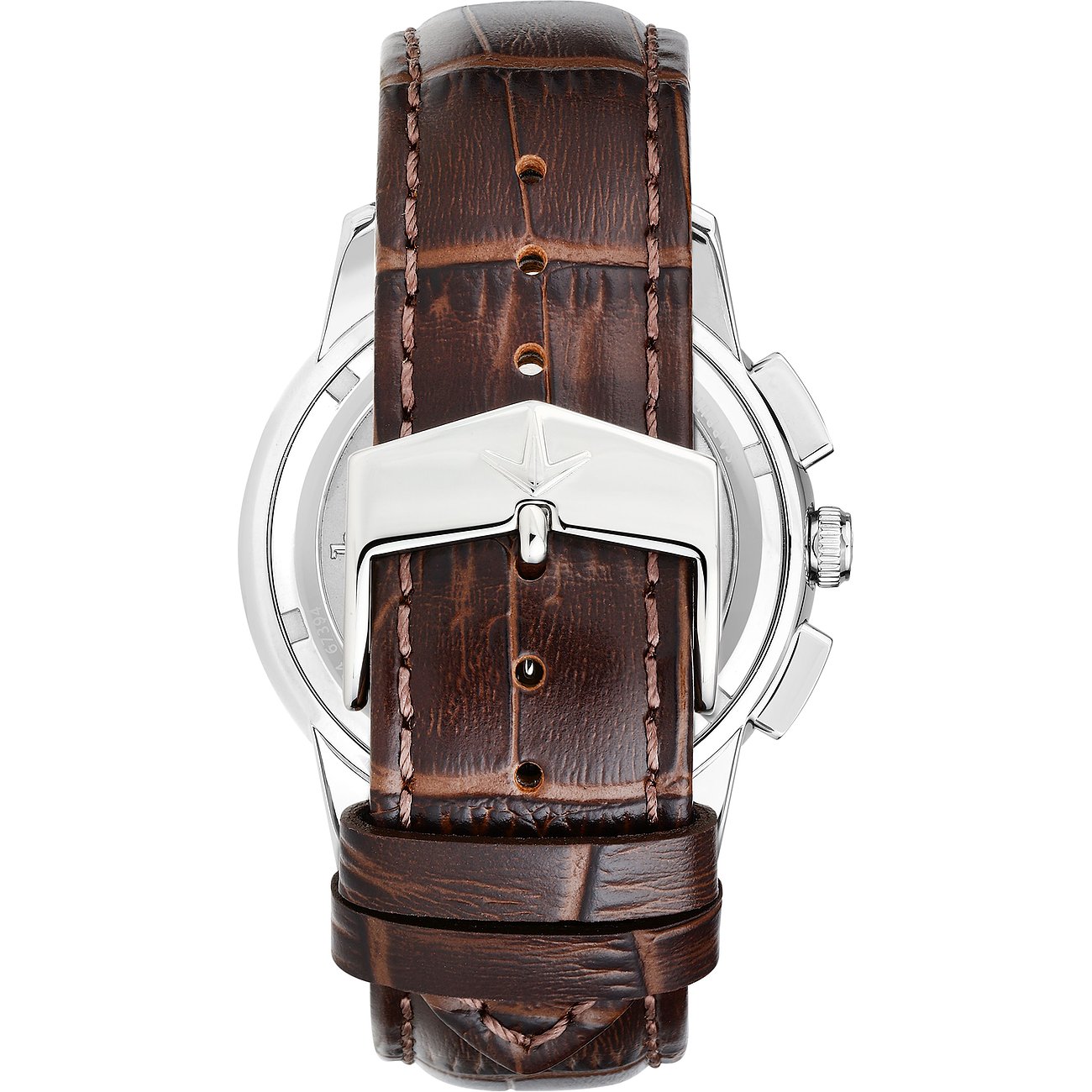 Rückansicht einer Lucien Rochat Herrenuhr aus Edelstahl mit braunem Krokolederarmband und silberfarbener Dornschließe.