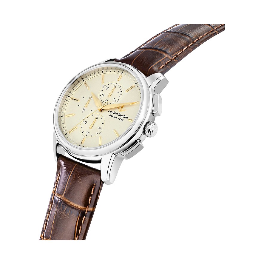 Lucien Rochat Herrenuhr aus Edelstahl in Silber mit einem beigen Zifferblatt und braunem Lederarmband.