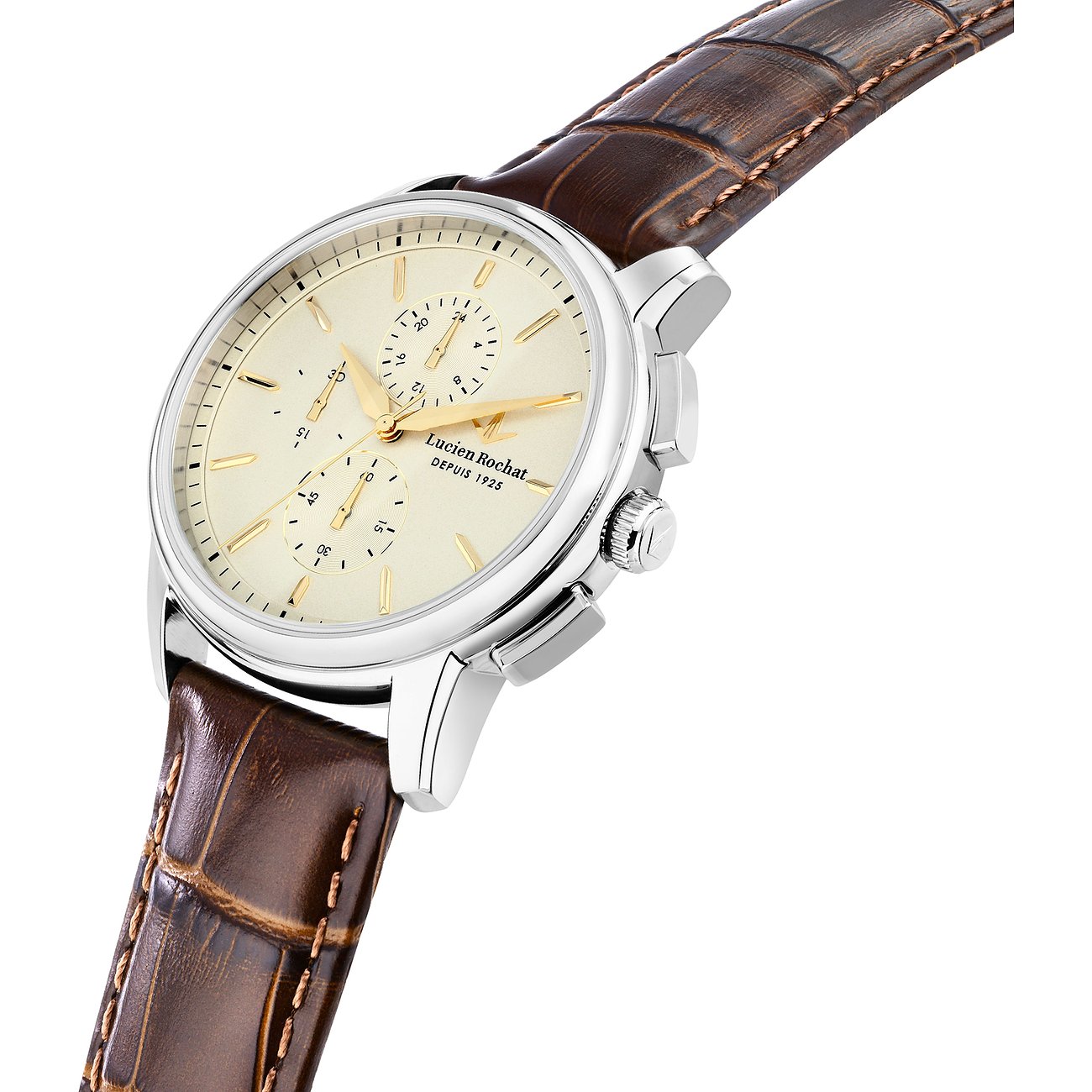 Lucien Rochat Herrenuhr aus Edelstahl in Silber mit einem beigen Zifferblatt und braunem Lederarmband.
