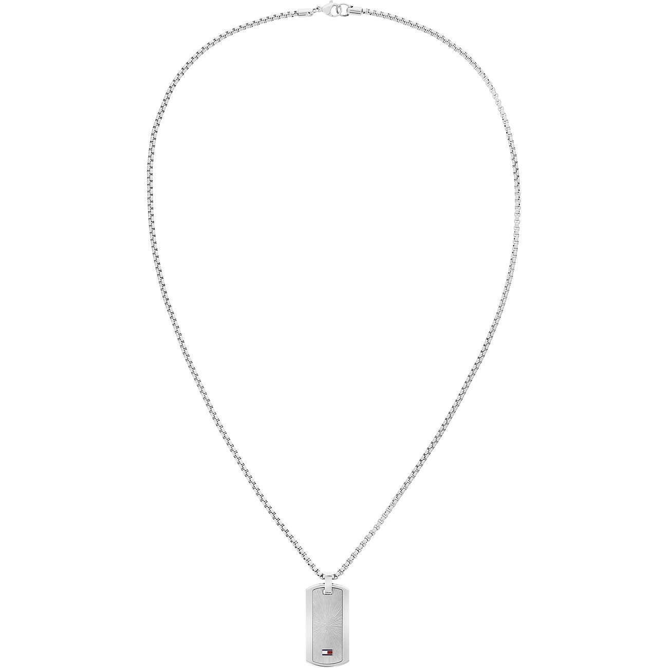 Tommy Hilfiger roestvrijstalen ketting met rechthoekige hanger en logo.