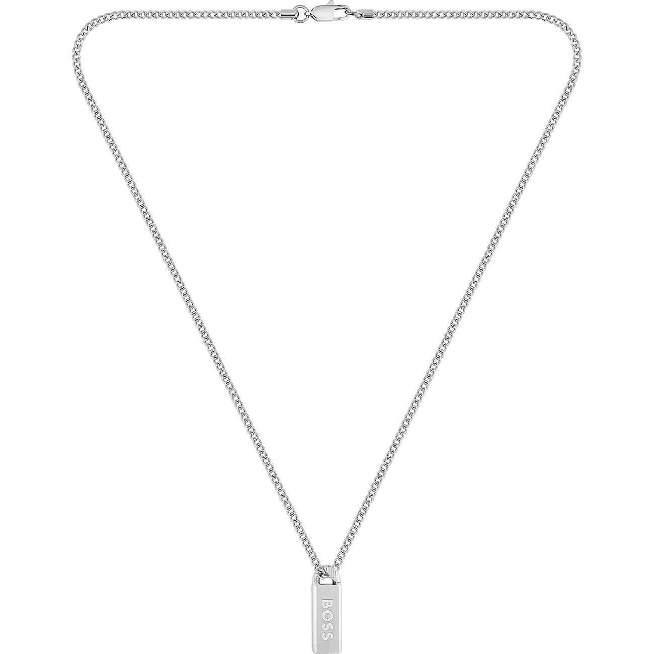 Boss Halsschmuck aus Edelstahl mit Anhänger und Emaille-Schriftzug.