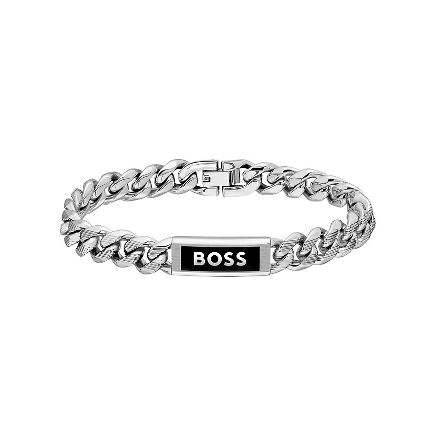Boss armband van roestvrij staal met zwarte emaille hanger.