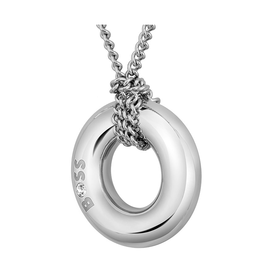 Boss Halsschmuck aus Edelstahl mit Zirkonia, runde Anhängerform.