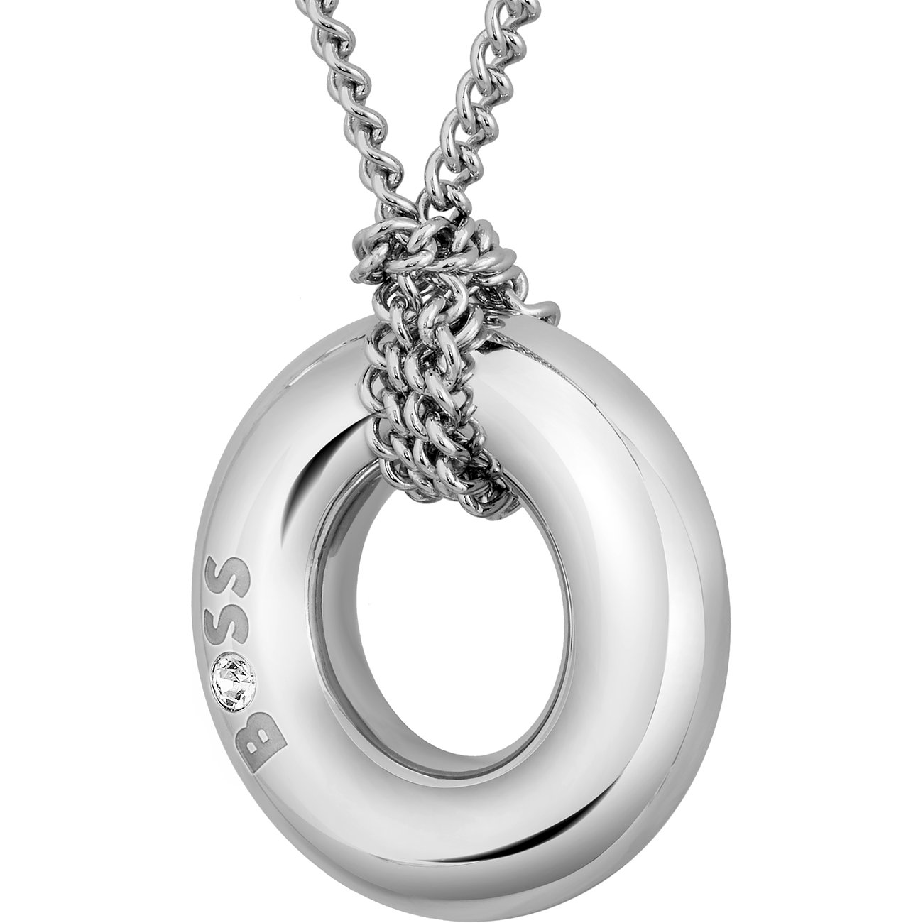 Boss Halsschmuck aus Edelstahl mit Zirkonia, runde Anhängerform.