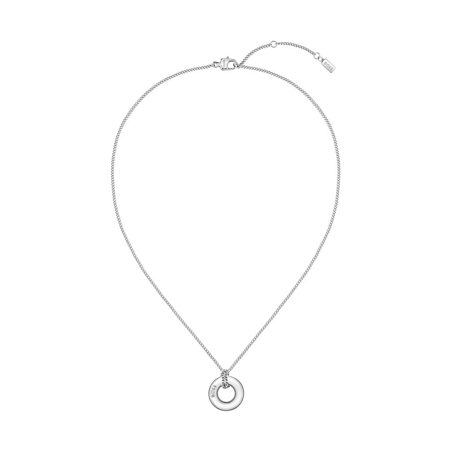 Boss Halsschmuck aus Edelstahl mit Zirkonia und Ring-Anhänger.