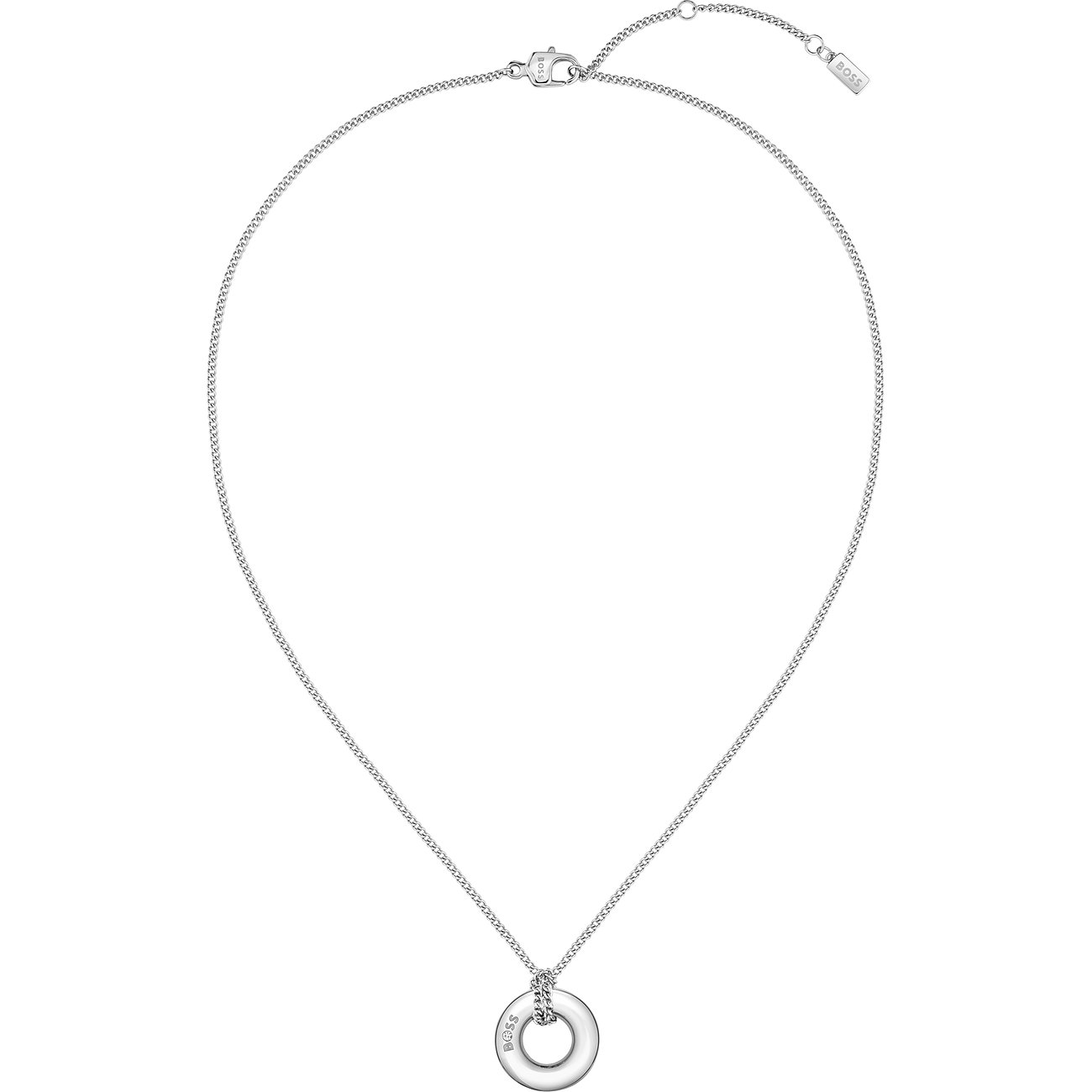 Boss Halsschmuck aus Edelstahl mit Zirkonia und Ring-Anhänger.