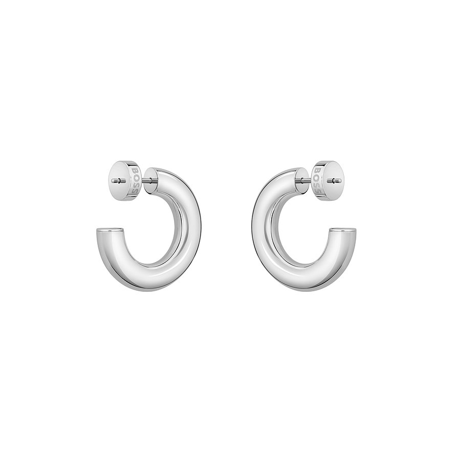 Boss Ohrringe aus Edelstahl mit Zirkonia, silberfarben, Creole-Form.