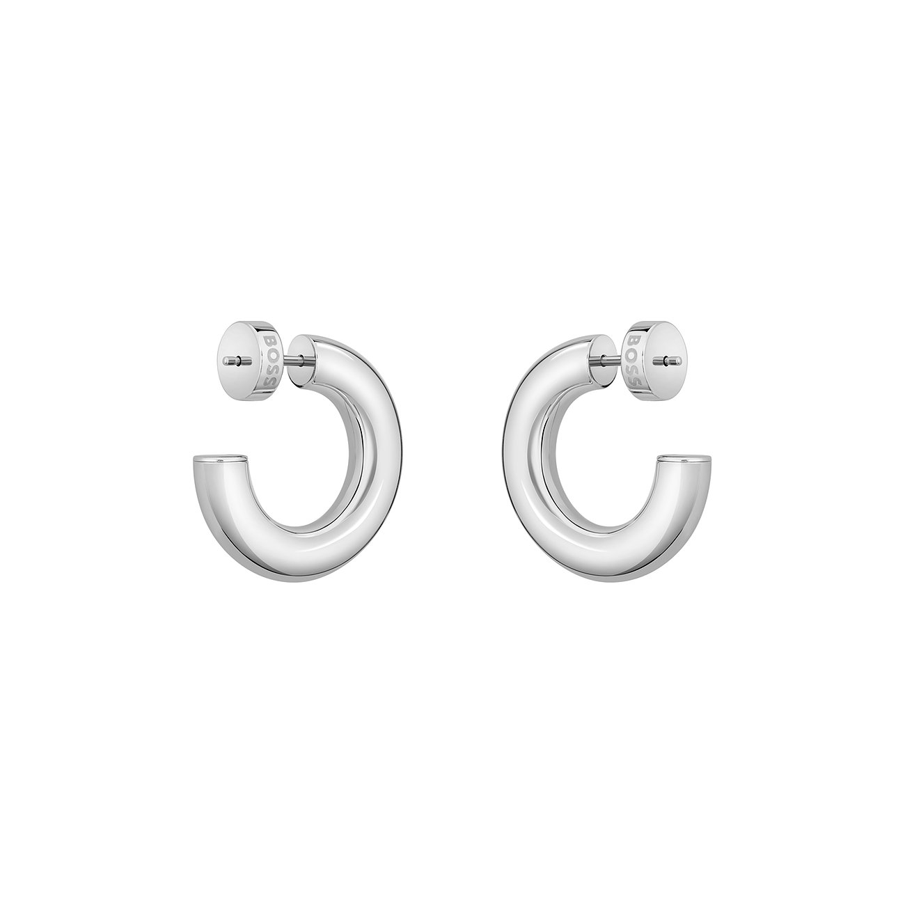 Boss Ohrringe aus Edelstahl mit Zirkonia, silberfarben, Creole-Form.