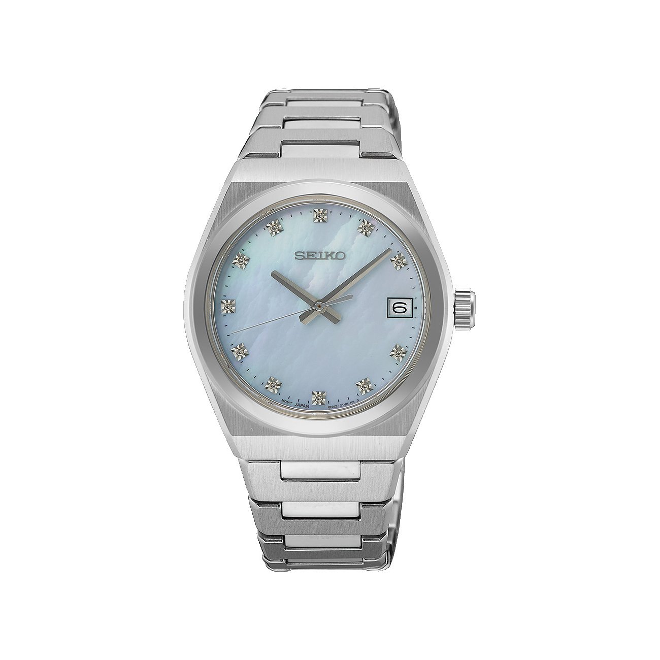 Seiko Damenuhr mit Edelstahlgehäuse, blauem Zifferblatt und Diamanten.
