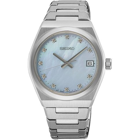 Seiko Damenuhr mit Edelstahlgehäuse, blauem Zifferblatt und Diamanten.
