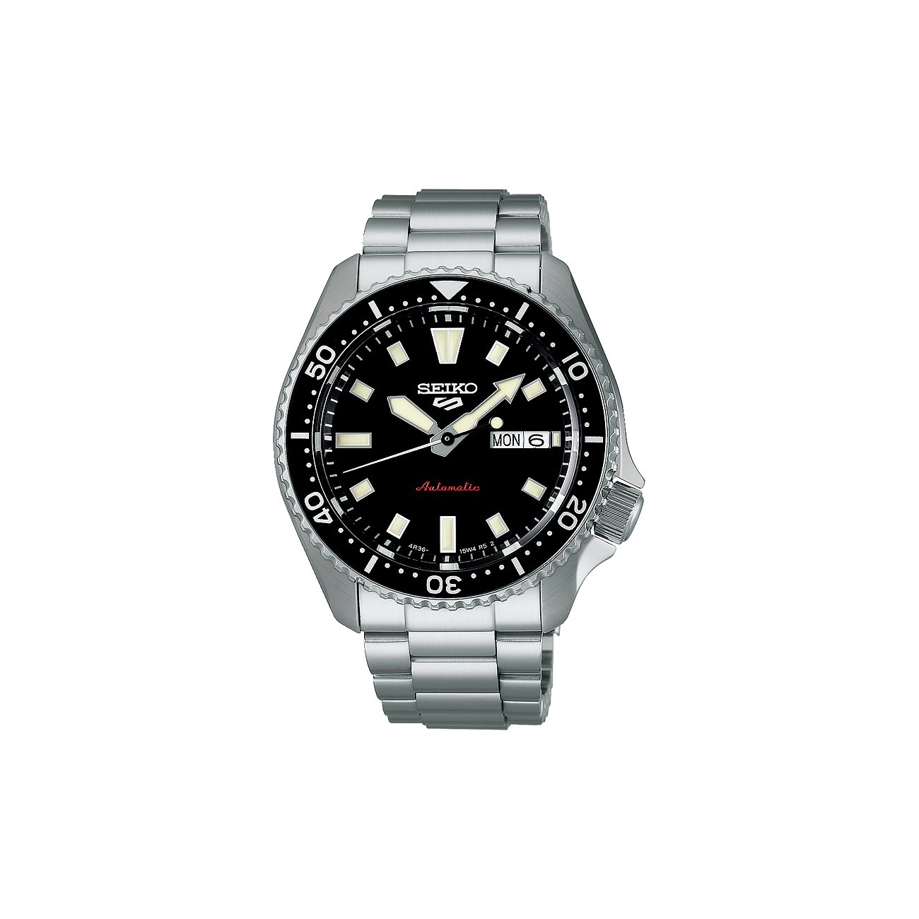 Seiko Herrenuhr aus Edelstahl mit silbernem Armband, schwarzem Zifferblatt und Datumsanzeige.