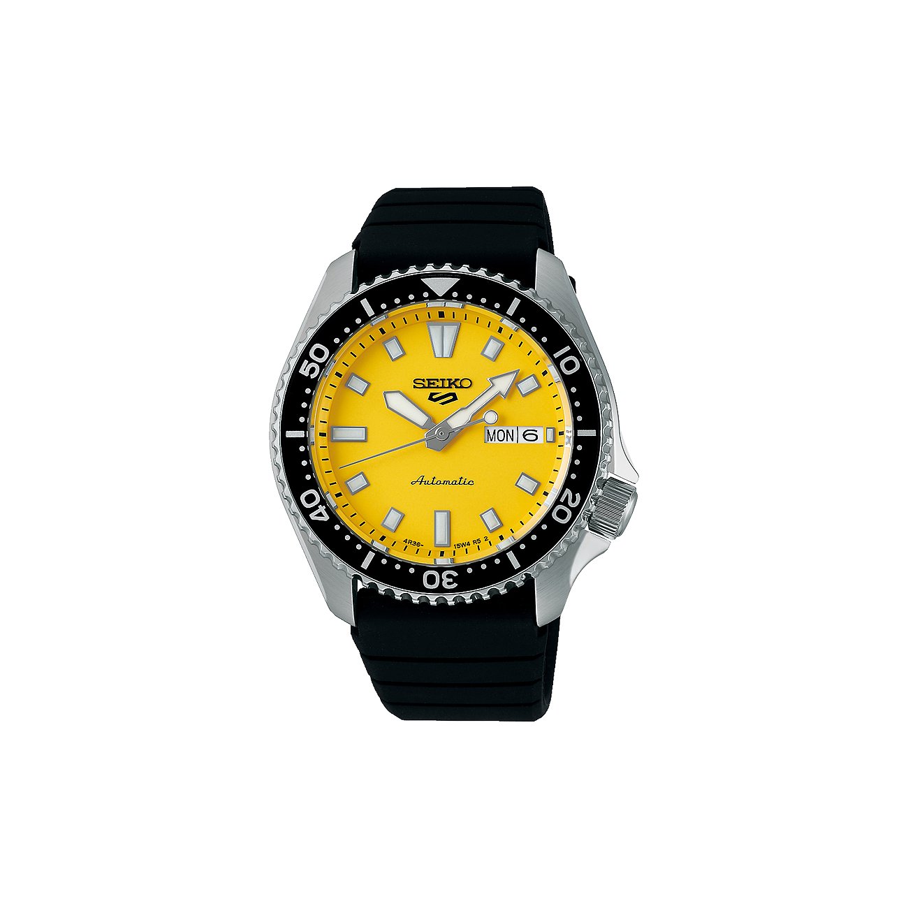 Seiko Herrenuhr aus Edelstahl mit einem gelben Zifferblatt und schwarzem Silikonarmband, von oben gesehen.