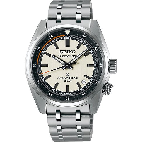 Seiko Speedtimer Herrenuhr aus Edelstahl mit hellem Zifferblatt und schwarzem äußeren Ring, Draufsicht.