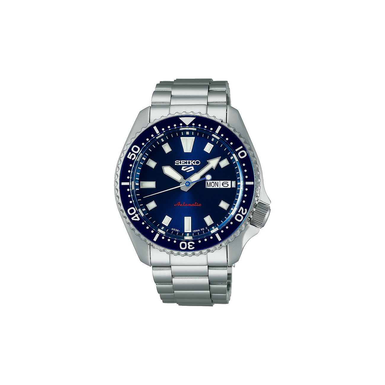 Seiko Herrenuhr aus silbernem Edelstahl mit blauem Zifferblatt und Lünette, frontal aufgenommen.