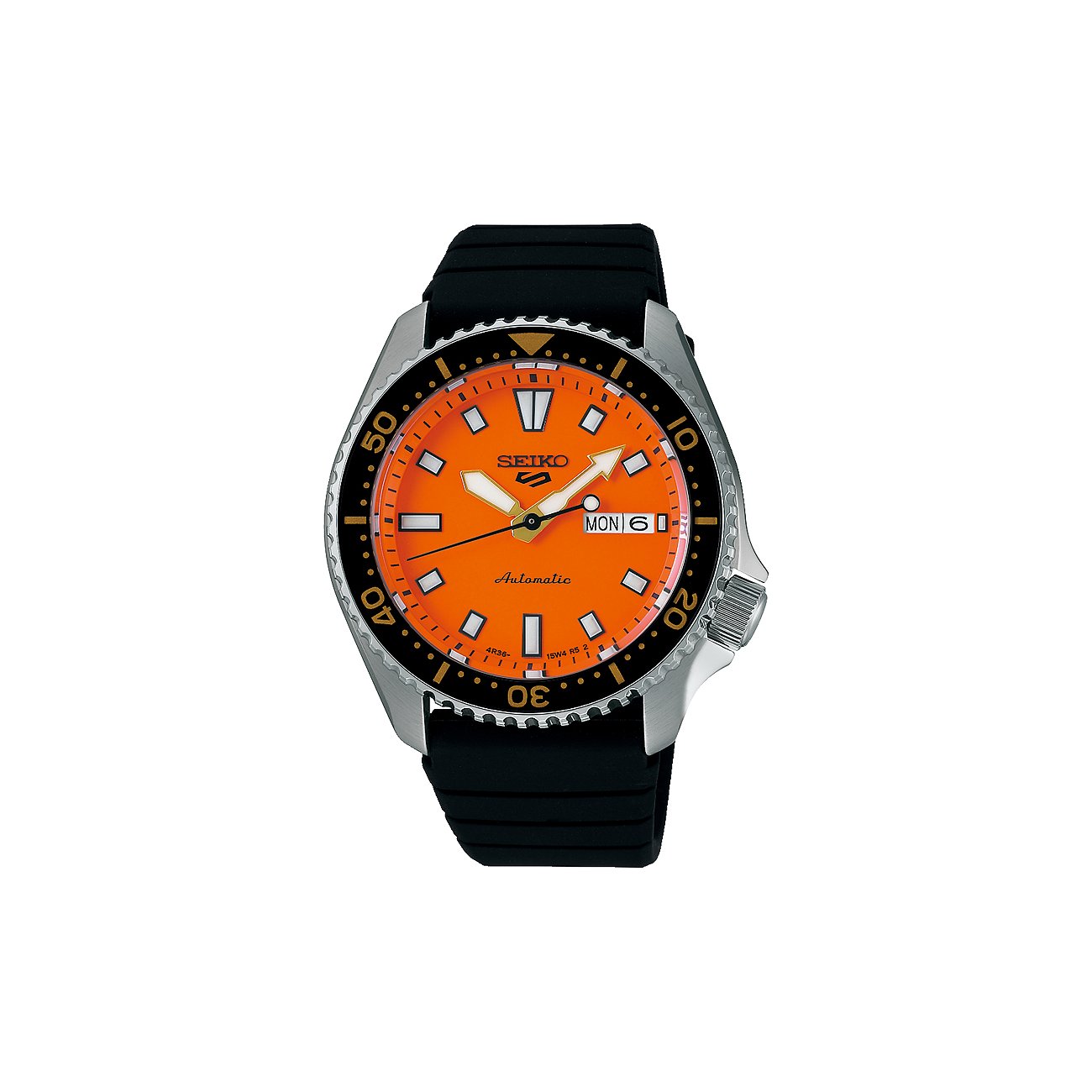 Seiko Herrenuhr aus Edelstahl mit leuchtend orangefarbenem Zifferblatt und einem schwarzen Armband.