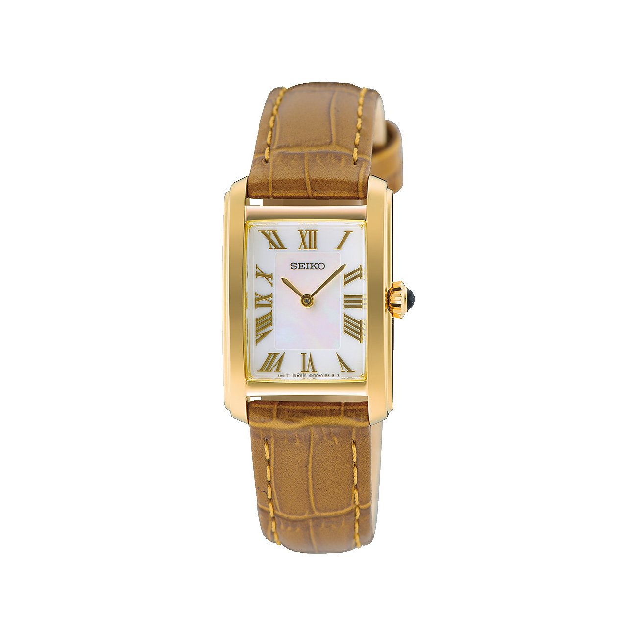 Seiko Damenuhr mit Edelstahlgehäuse, analog und römischen Ziffern.