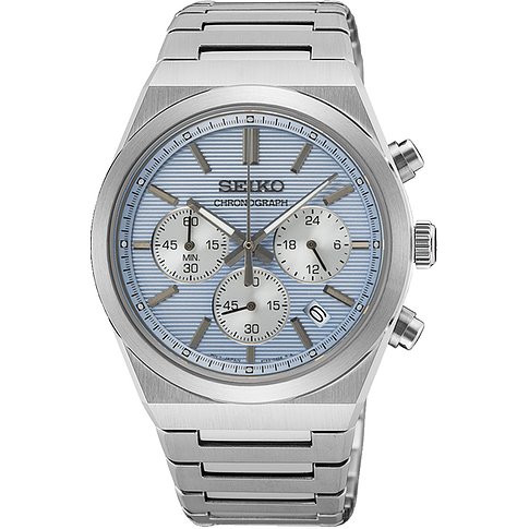 Seiko Herrenuhr mit Edelstahlgehäuse, blauem Zifferblatt und Chronographenanzeige.