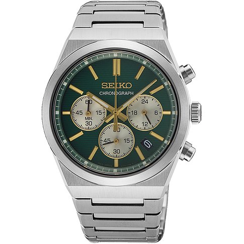 Seiko Herrenuhr mit Edelstahlgehäuse, grünem Zifferblatt und Chronograph.