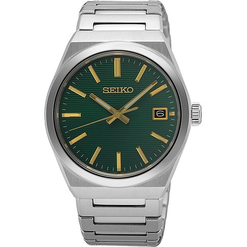 Seiko Herrenuhr mit Edelstahlgehäuse, grünem Zifferblatt und goldenen Zeigern.