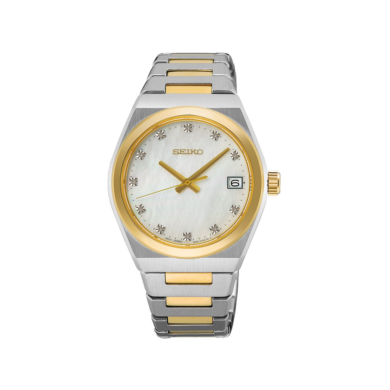 Seiko Damenuhr aus Edelstahl, bicolor, mit Diamanten und analoger Anzeige.