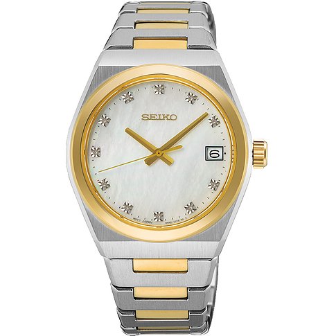 Seiko Damenuhr aus Edelstahl, bicolor, mit Diamanten und analoger Anzeige.