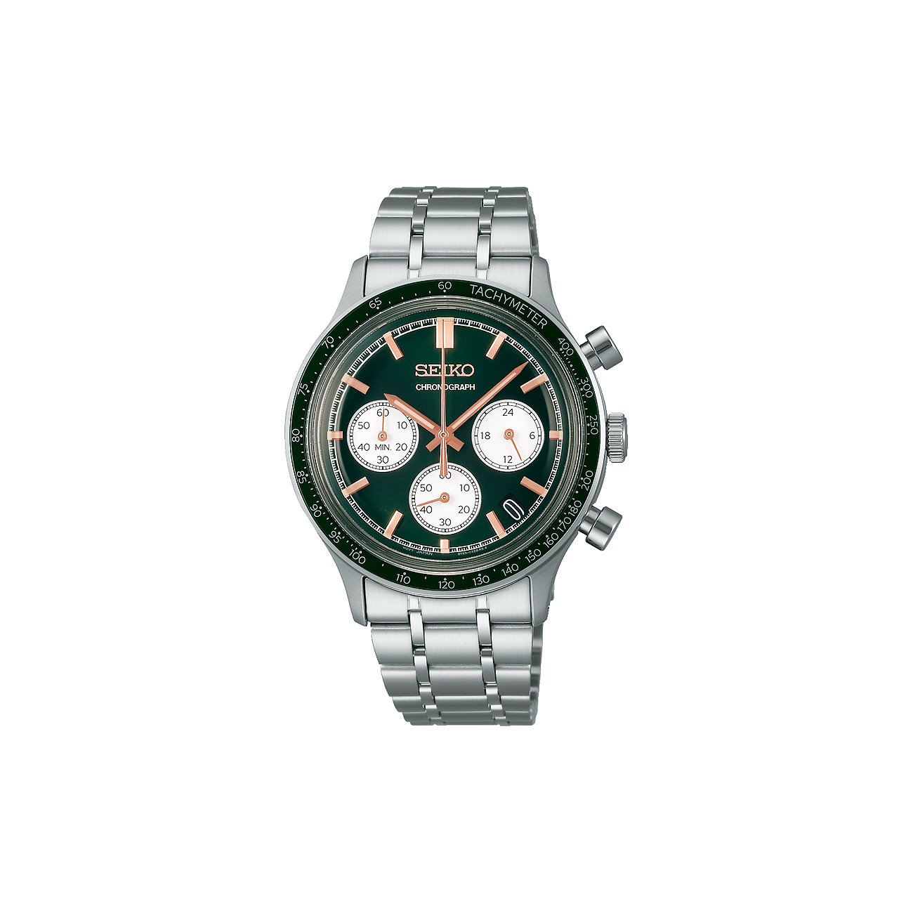 Seiko Herrenuhr aus Edelstahl mit Chronograph, Tachymeter und dunkelgrünem Zifferblatt auf weißem Hintergrund.