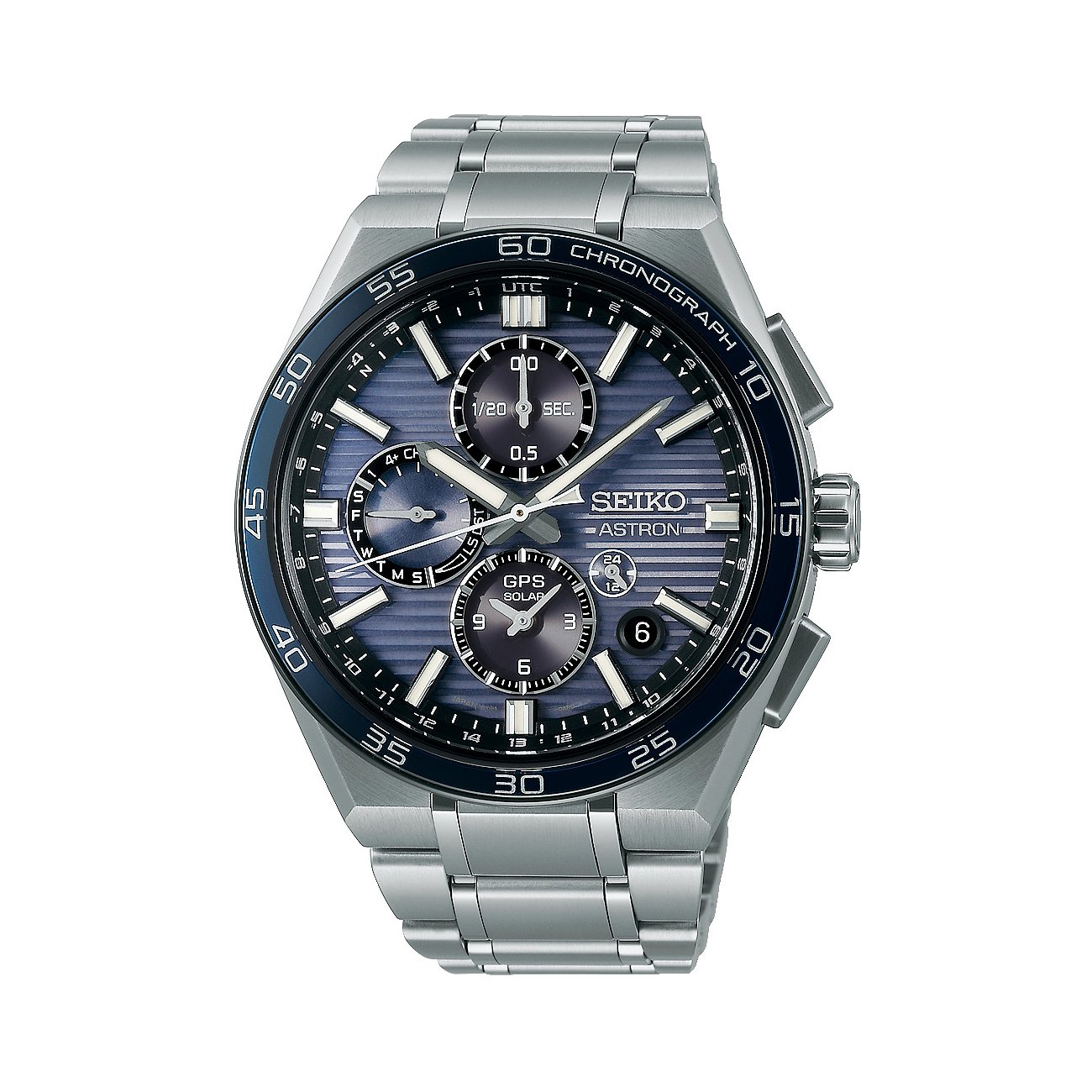 Seiko Herrenuhr mit Titan-Gehäuse, blauem Zifferblatt und Chronograph.