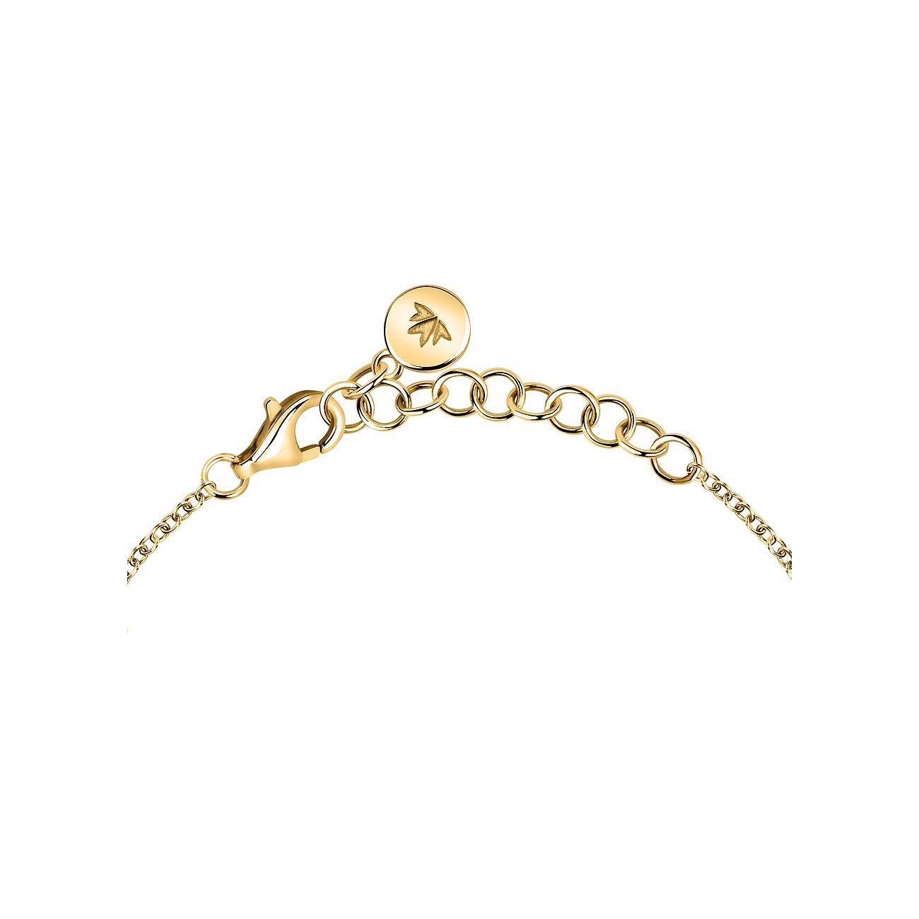 Gros plan du fermoir d'un bracelet Morellato en argent recyclé, aspect or.