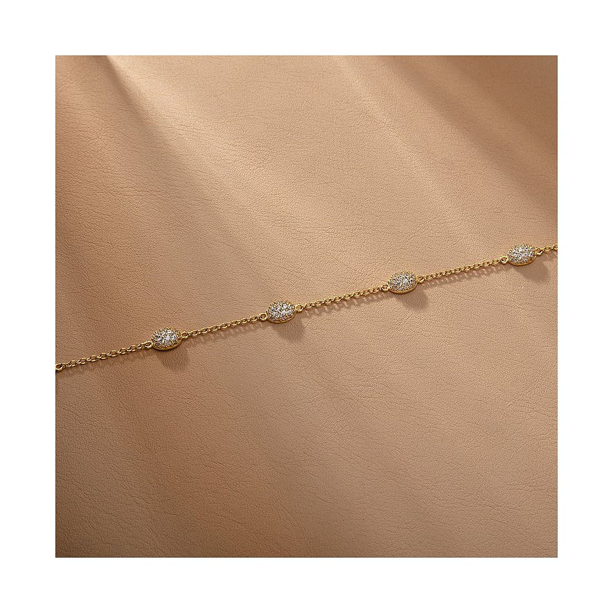 Bracelet Morellato en argent recyclé avec chaîne dorée et plusieurs éléments ronds sertis de pierres de zircone colorées.