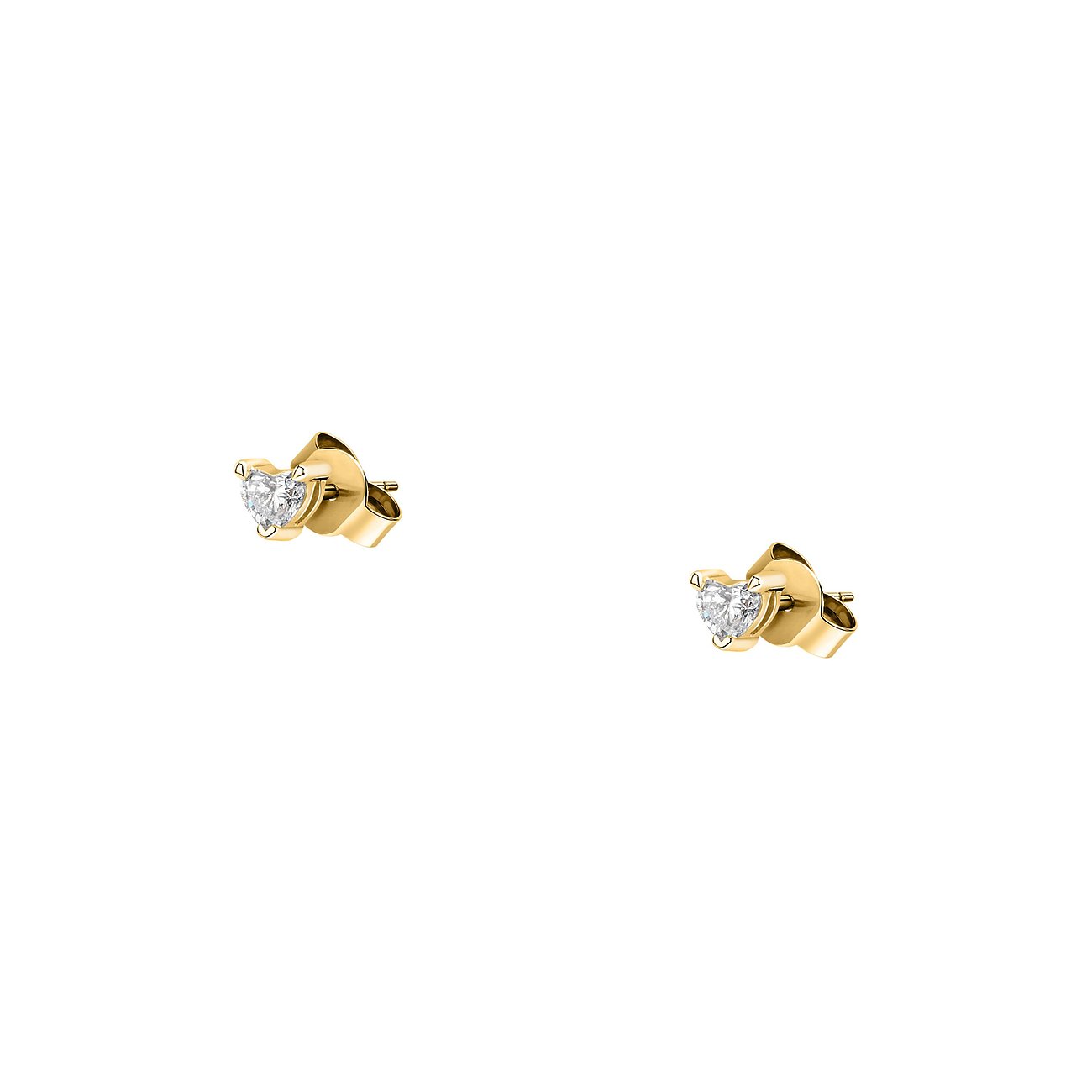 Ein Paar Live Diamond Ohrstecker aus recyceltem 375er Gelbgold mit herzförmigen Diamanten.
