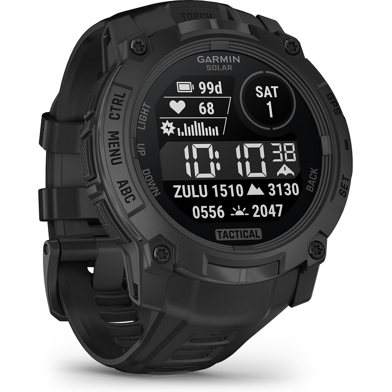 Garmin Smartwatch mit Kunststoffgehäuse, schwarzem Zifferblatt und taktischem Design.