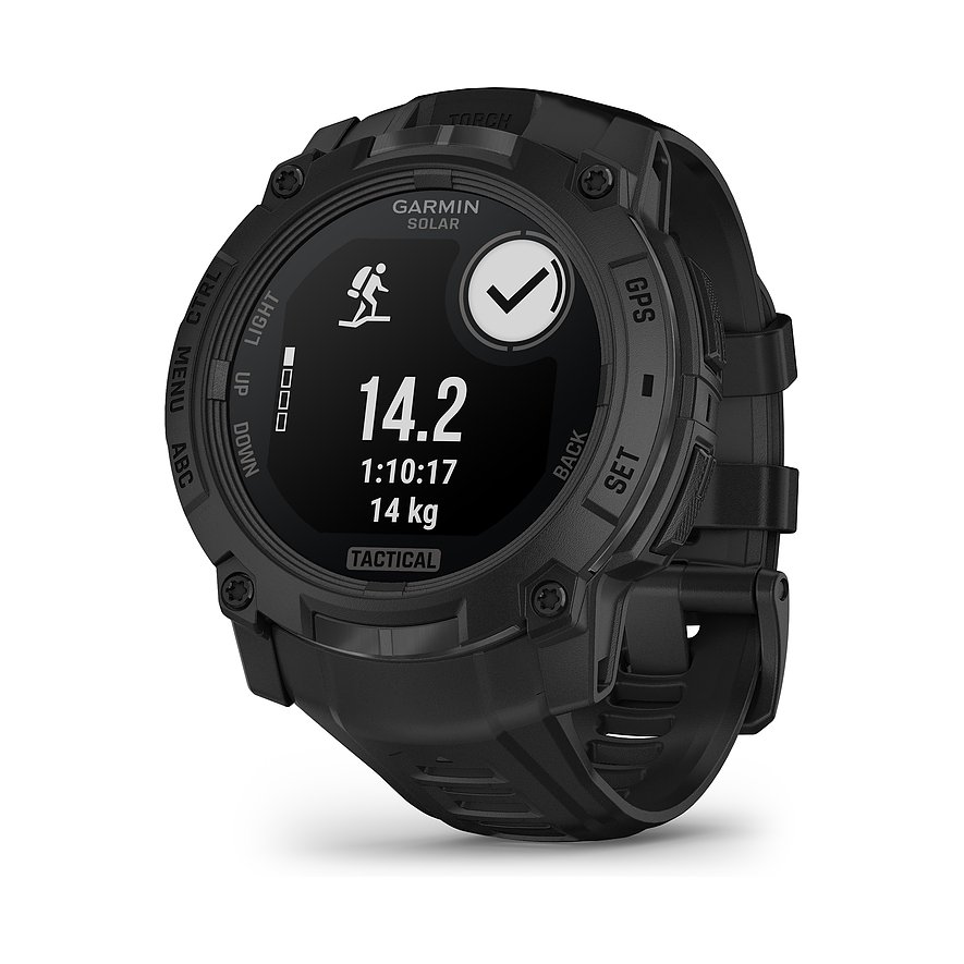 Garmin Smartwatch mit Kunststoffgehäuse, digitaler Anzeige und taktischem Display.