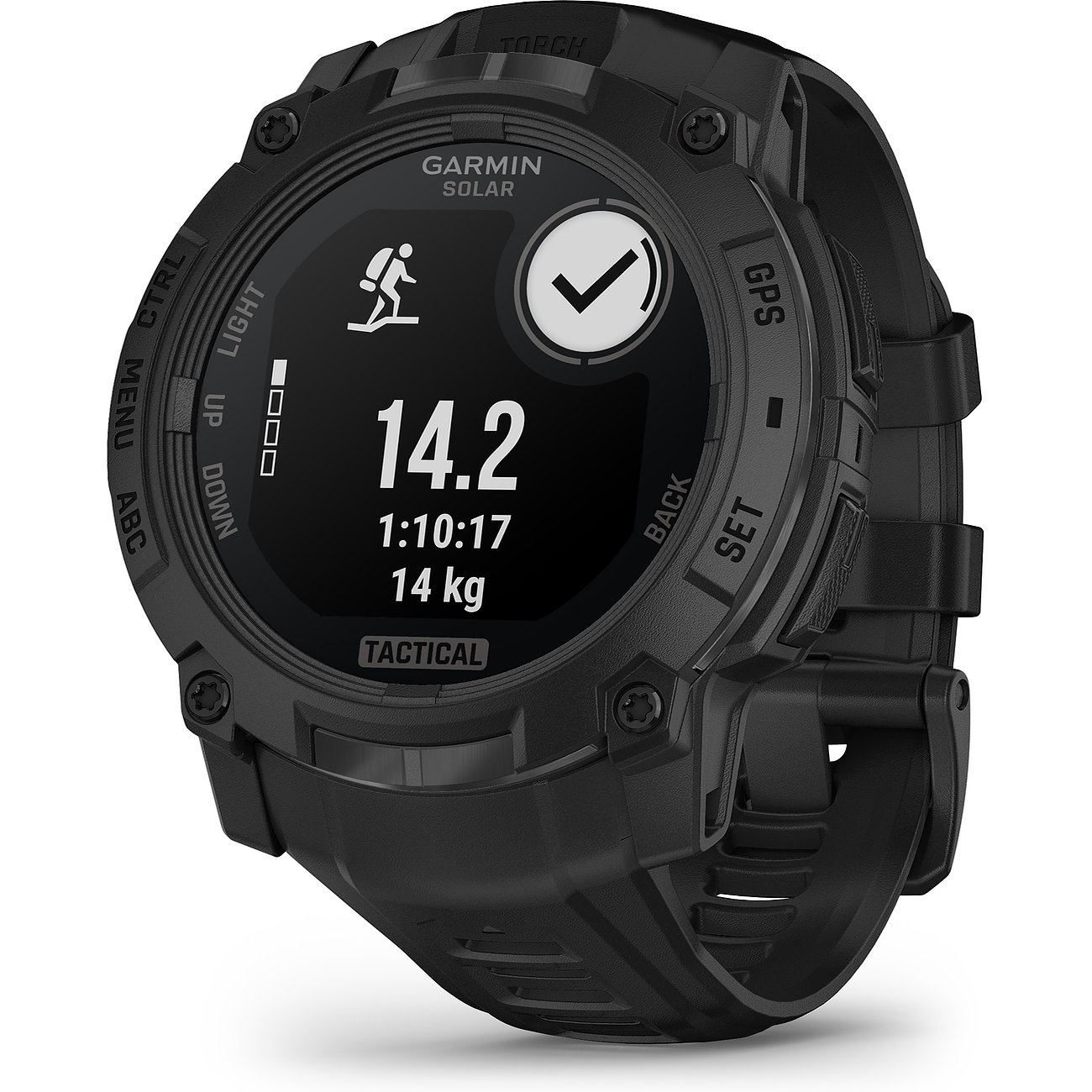 Garmin Smartwatch mit Kunststoffgehäuse, digitaler Anzeige und taktischem Display.
