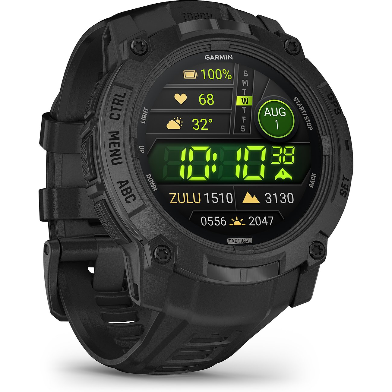 Garmin Smartwatch mit Kunststoffgehäuse, digitaler Anzeige und taktischem Design.