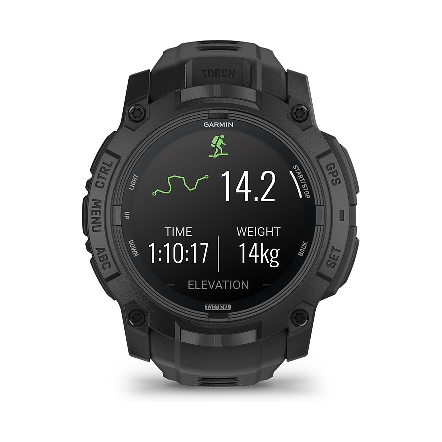 Garmin Smartwatch mit Kunststoffgehäuse, analoger Anzeige und taktischem Design.