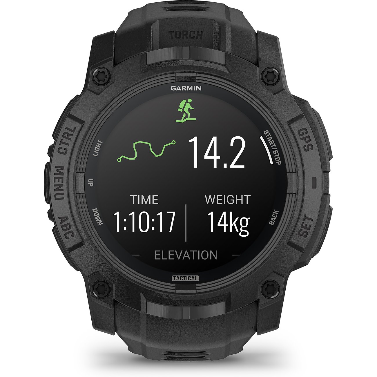 Garmin Smartwatch mit Kunststoffgehäuse, analoger Anzeige und taktischem Design.