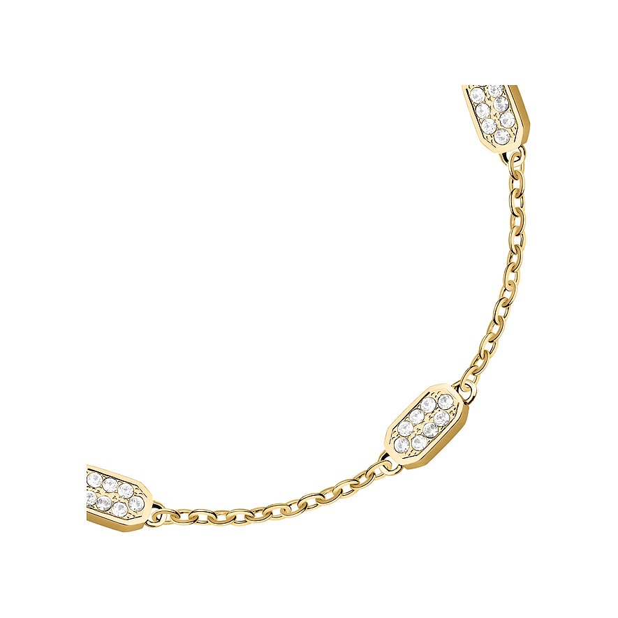 Close-up eines Karl Lagerfeld Armschmucks aus goldfarbenem Edelstahl mit ovalen, kristallbesetzten Gliedern.