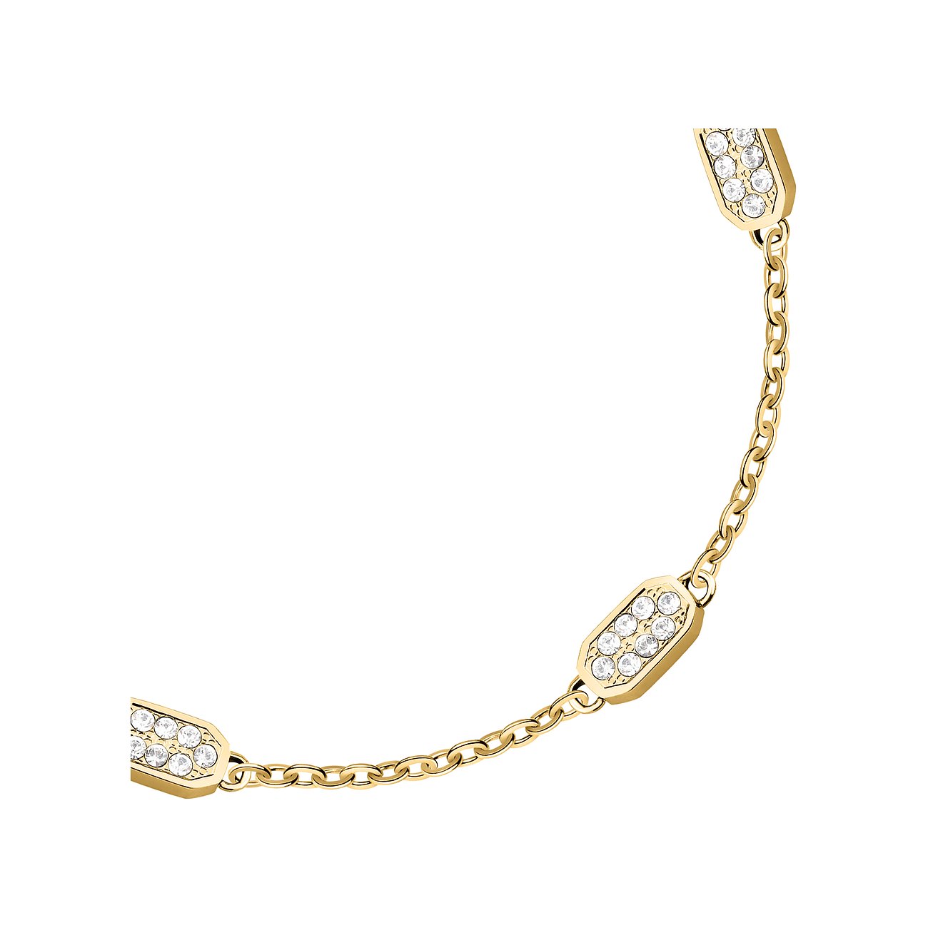 Close-up eines Karl Lagerfeld Armschmucks aus goldfarbenem Edelstahl mit ovalen, kristallbesetzten Gliedern.