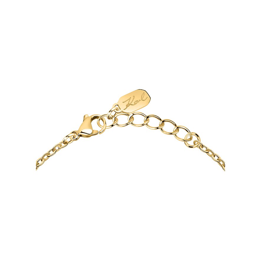 Goldfarbenes Karl Lagerfeld Edelstahl-Armband mit Karabinerverschluss und Verlängerungskettchen mit Logo-Tag.