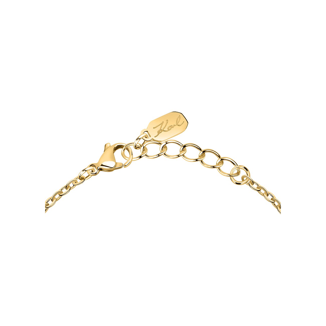 Goldfarbenes Karl Lagerfeld Edelstahl-Armband mit Karabinerverschluss und Verlängerungskettchen mit Logo-Tag.