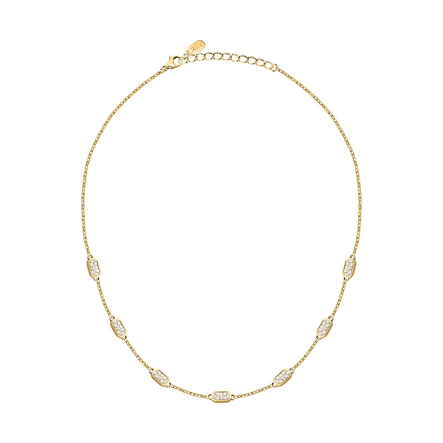 Karl Lagerfeld Halskette aus goldfarbenem Edelstahl mit kleineren, eingefassten rechteckigen Formsteinen aus Kristall.