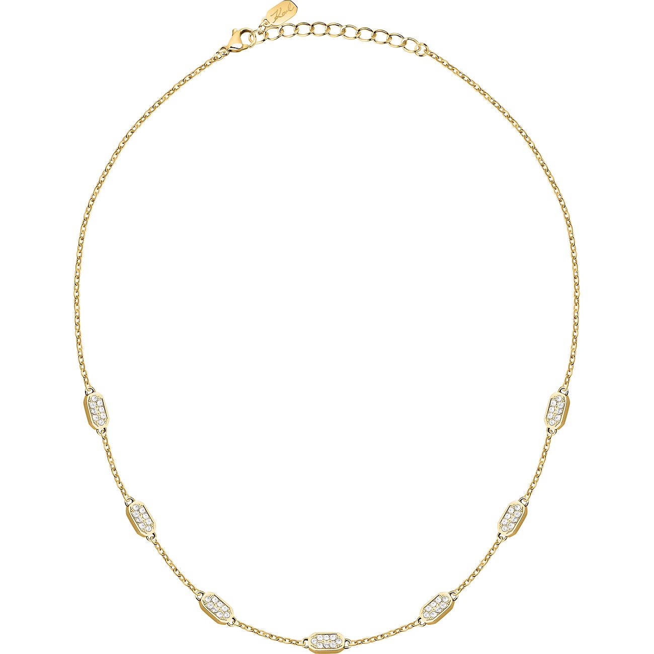 Karl Lagerfeld Halskette aus goldfarbenem Edelstahl mit kleineren, eingefassten rechteckigen Formsteinen aus Kristall.